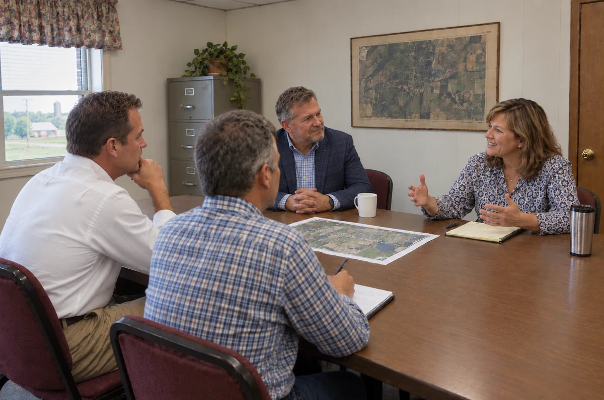 Four people discussing a property map around a table